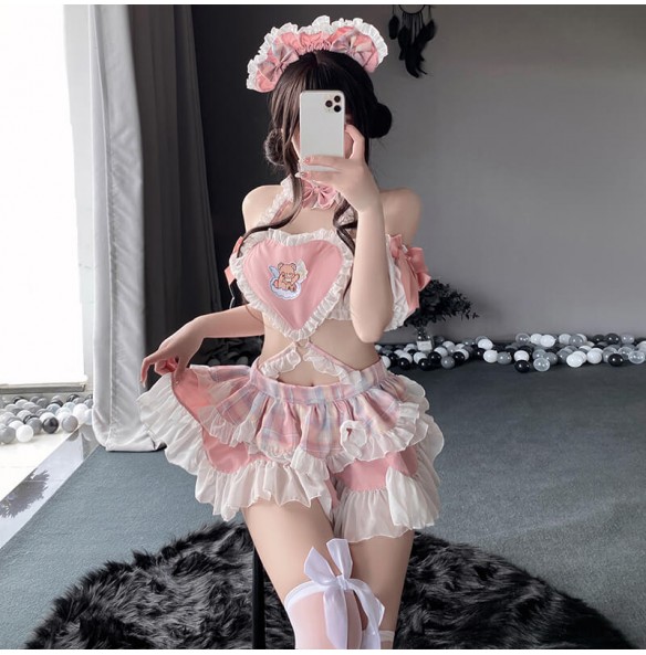 FEE ET MOI - Cute Maid Heart-Shaped Backless Dress With Stockings (Pink - White)